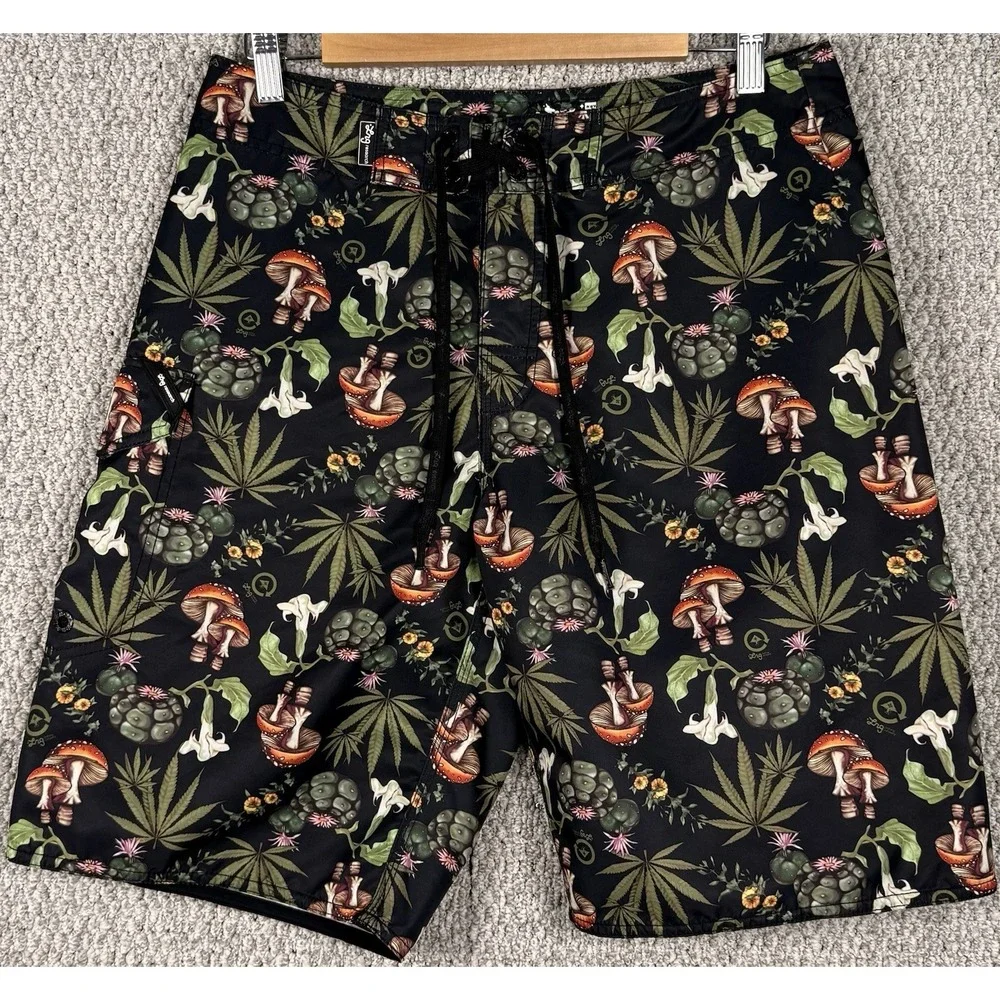 LRG Research Board Shorts 30 Mushroom Cannabis Print‎ Surf Swim Skate Y2K